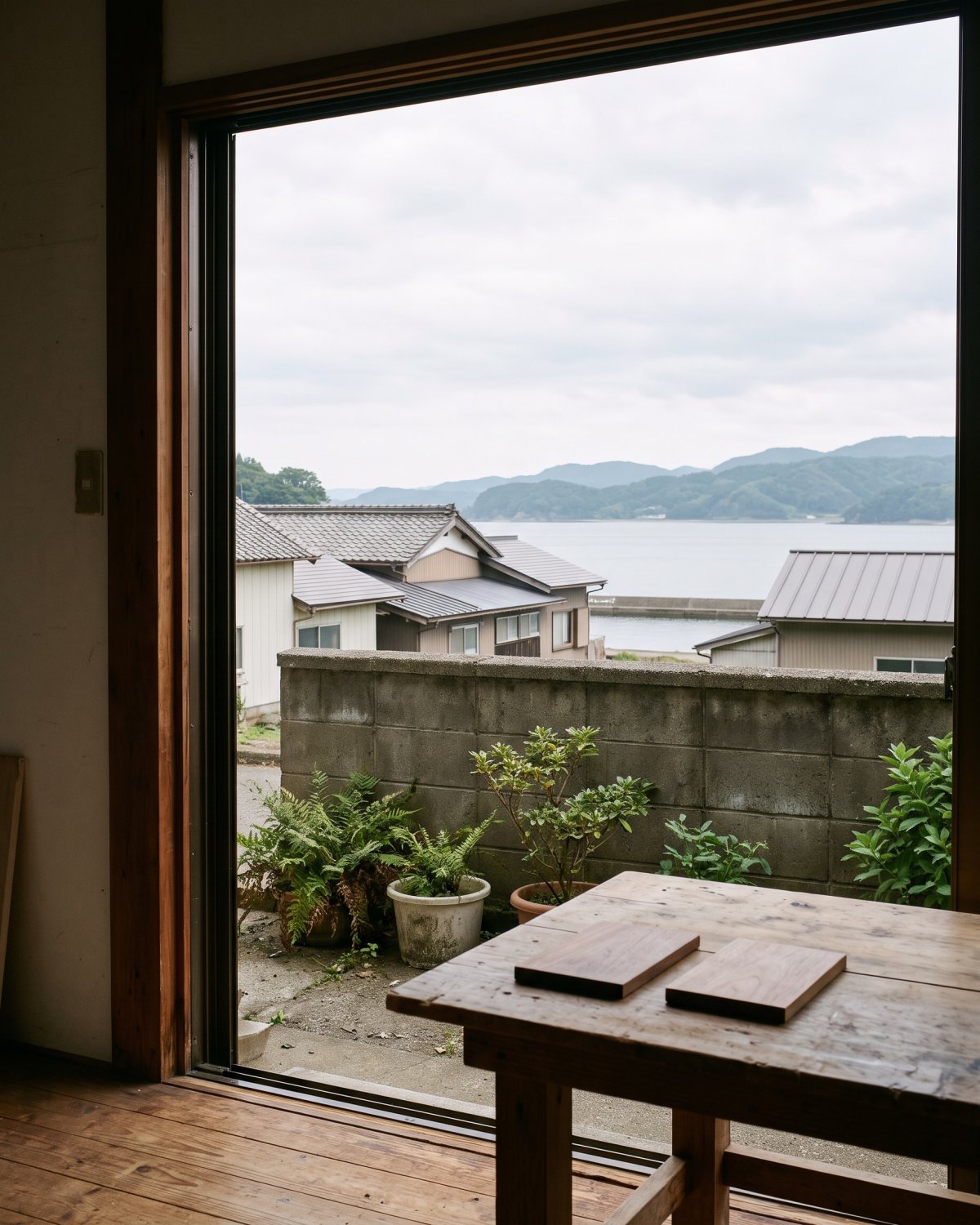 作業場の開いた入口から見た、海沿いの町と穏やかな湾（AIで作った見本の画像）
